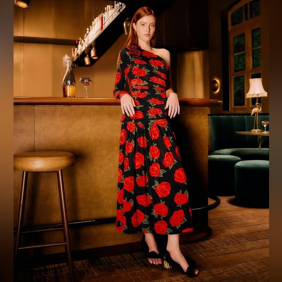 FARM Rio Dresses & Skirts - Farm Rio: Black Latin Roses 3d Flower One-Shoulder Draped Maxi Dress